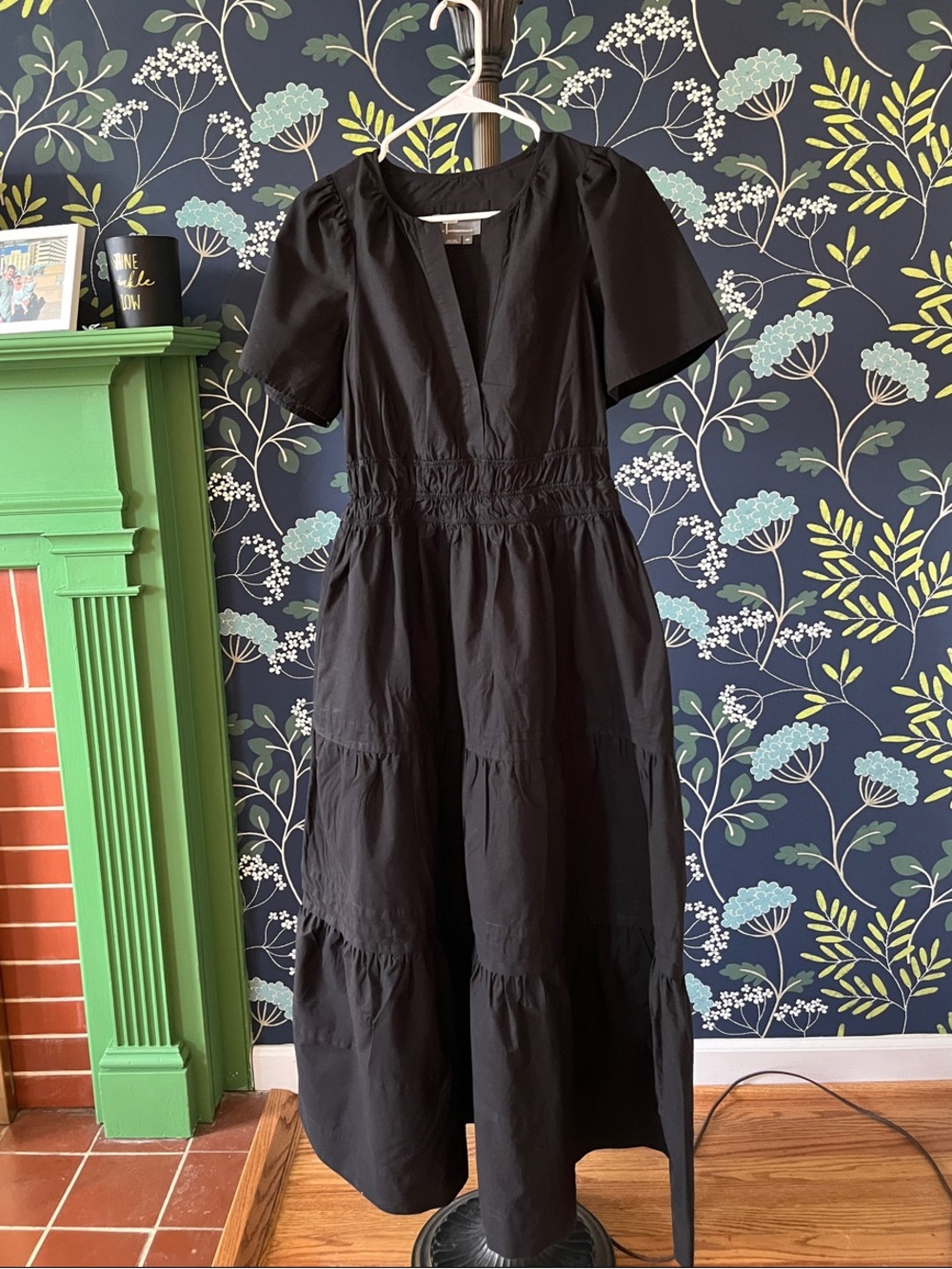 Anthropologie Black Tiered Midi Dress Smocked Waist Puff Sleeve Petite MP